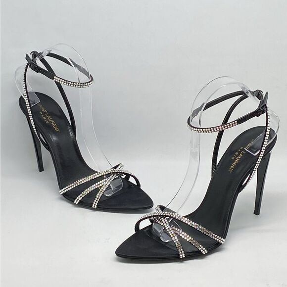 Saint Laurent Ava Sandals in Crepe Satin with Rhinestones size 40.5